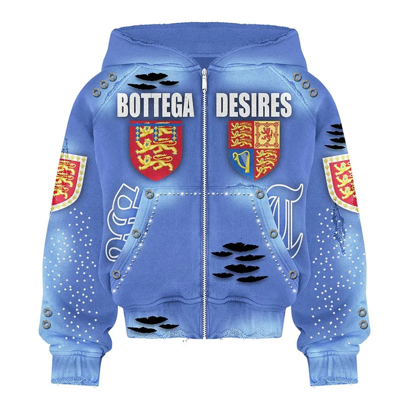Blue Distressed Graphic Zip-Up Hoodie