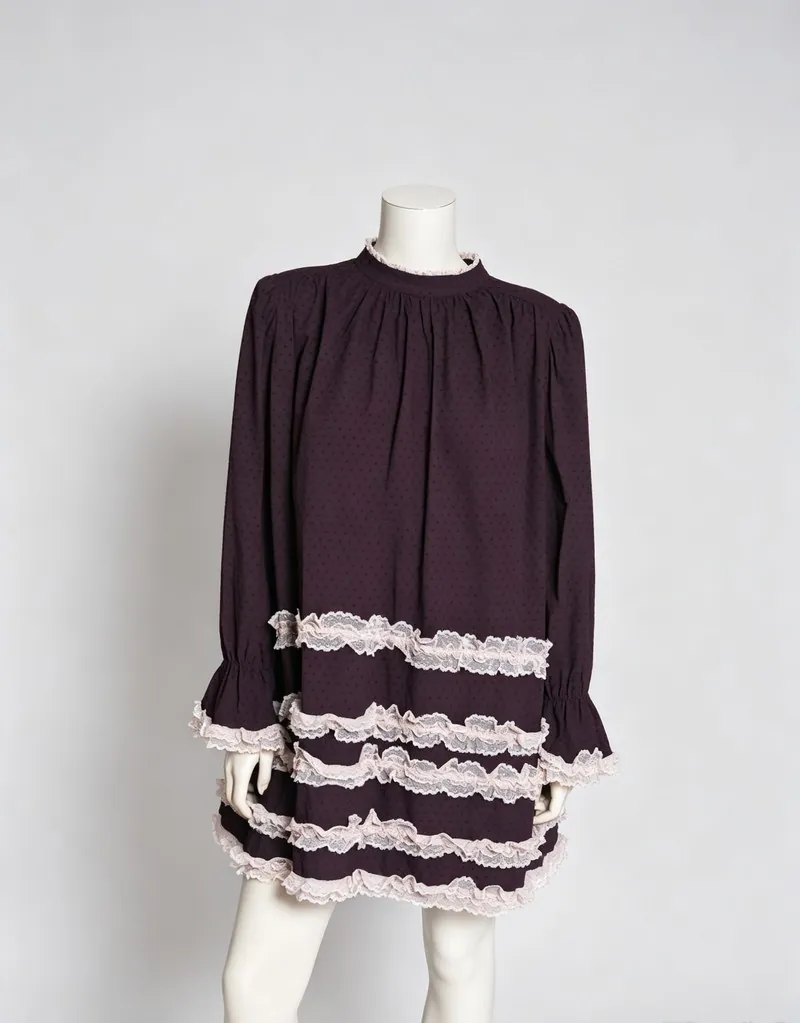 Plum Lace-Trim Tiered Long-Sleeve Mini Dress by NEWCOM